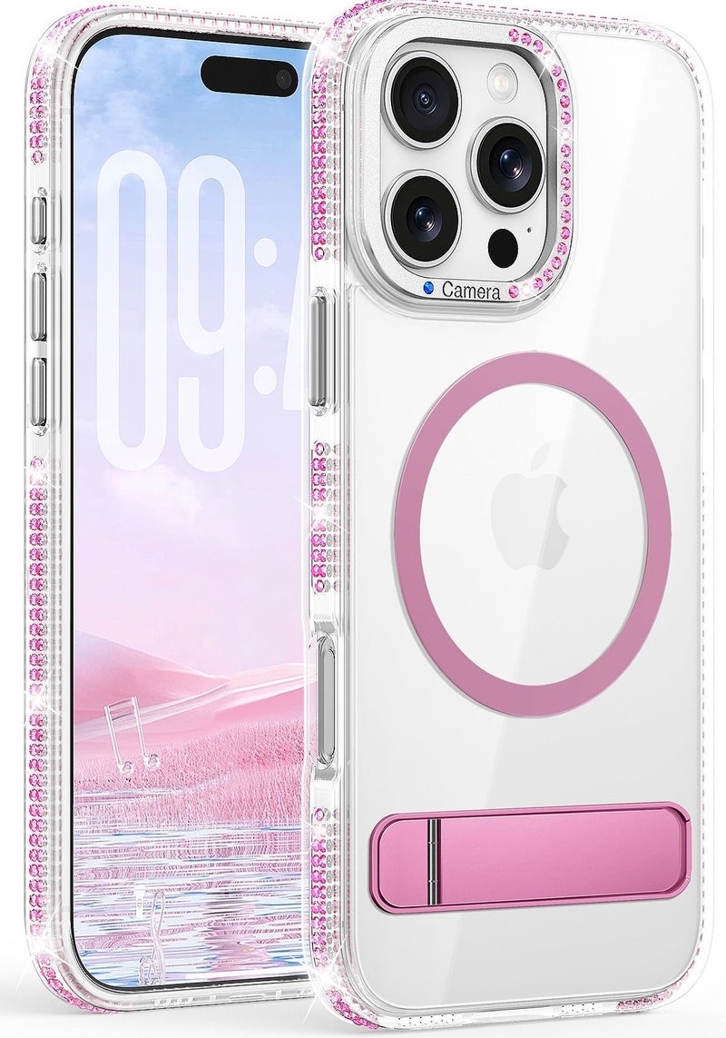 for iPhone 16 Pro Max Case Compatible with MagSafe,Magnetic Phone Case for iPhone 16 Pro Max Diamond Vertical Stand Anti-Scratch Shockproof Protective Cover pink - Image 1