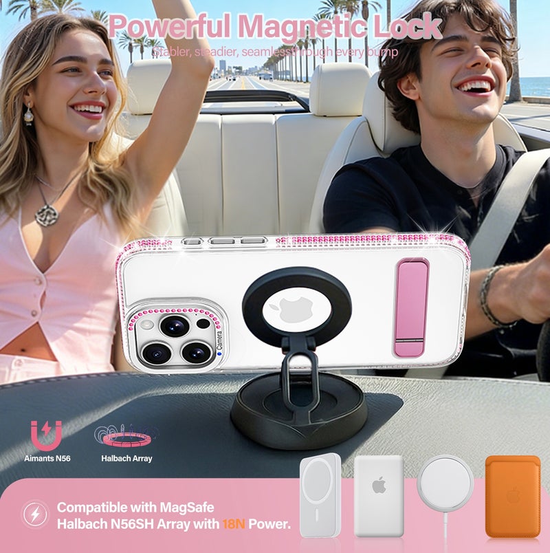 for iPhone 16 Pro Max Case Compatible with MagSafe,Magnetic Phone Case for iPhone 16 Pro Max Diamond Vertical Stand Anti-Scratch Shockproof Protective Cover pink - Image 2