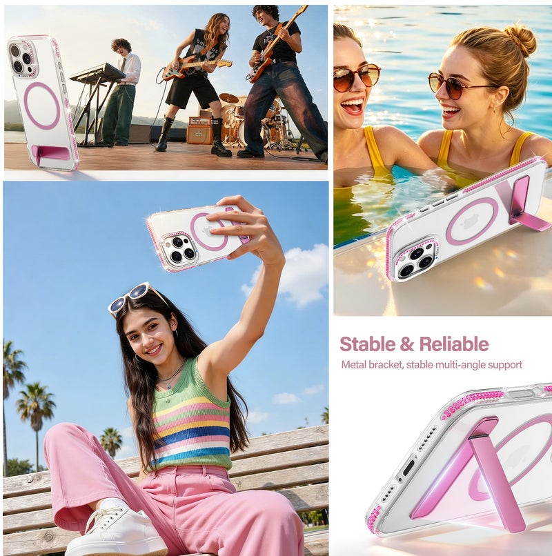 for iPhone 16 Pro Max Case Compatible with MagSafe,Magnetic Phone Case for iPhone 16 Pro Max Diamond Vertical Stand Anti-Scratch Shockproof Protective Cover pink - Image 3