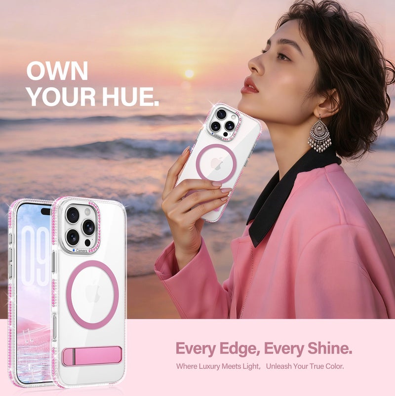 for iPhone 16 Pro Max Case Compatible with MagSafe,Magnetic Phone Case for iPhone 16 Pro Max Diamond Vertical Stand Anti-Scratch Shockproof Protective Cover pink - Image 4