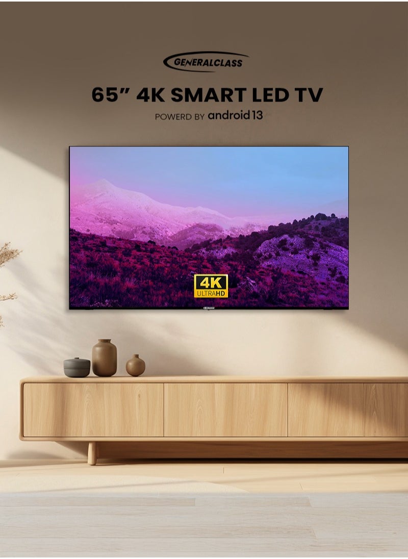 GENERAL CLASS General Class SMART TV 65 Inches Frameless Screen, Android 13, 8GB + 1.5GB RAM, LED Ultra HD 4K, 2 USB Ports, 3 HDMI Ports, 2 Speakers with 8 Watts Each, Model 65US8000  - Image 1