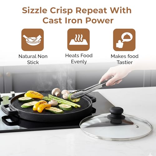 Home Essentials HomeEssentials Pre-Seasoned Cast Iron Double-Sided 30cm Tawa & Grill Pan | 2-in-1 Reversible Pan for Dosa, Tofu, Mushrooms | Non-Stick Surface, Ideal for Healthy Cooking - Image 3