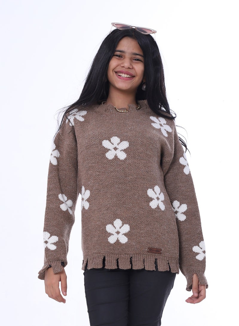 بيبو سترة بطبعات زهور أكمام طويلة_بني - Image 1