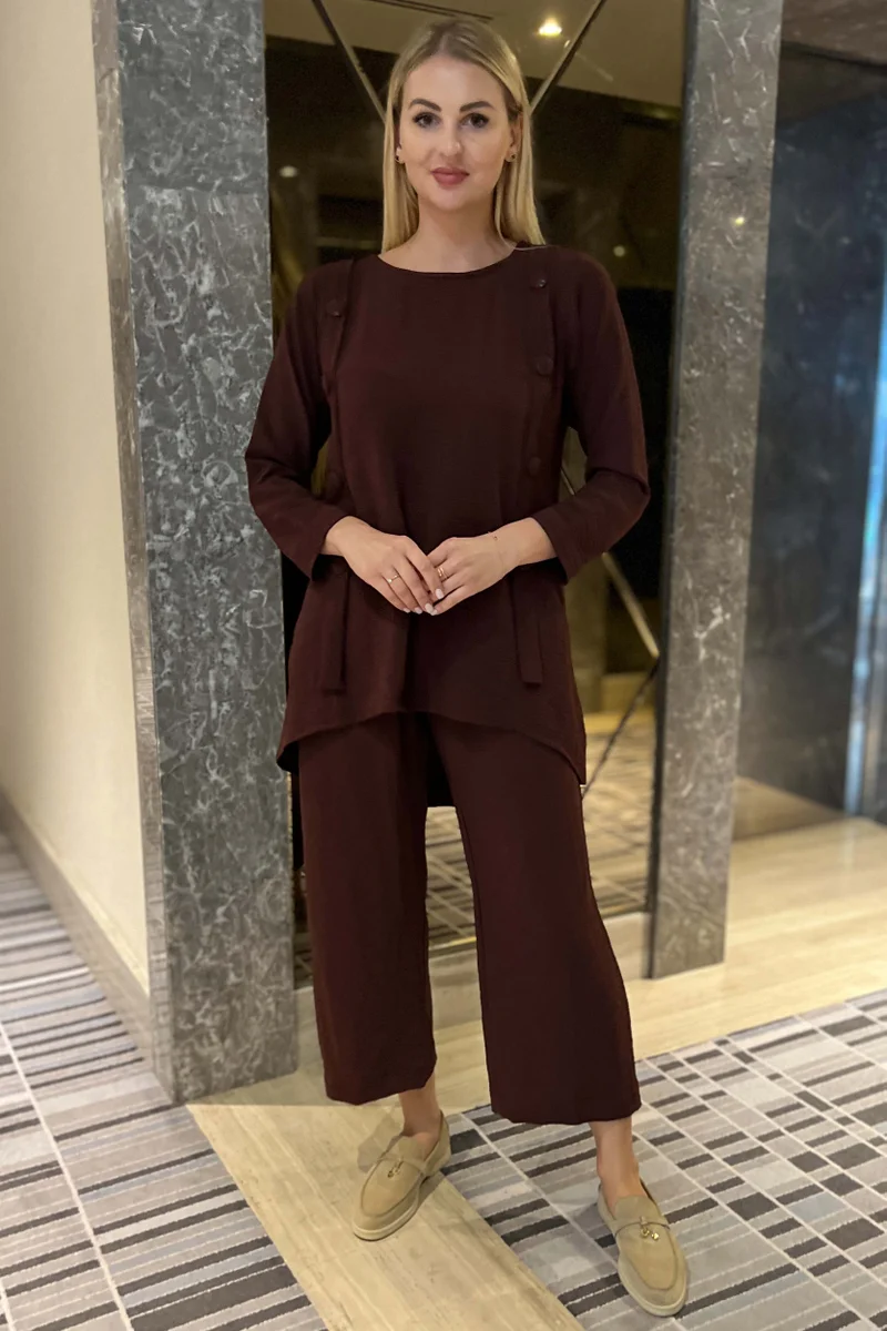 Moistreet Crew Neck Button Detailed To & Pants Set