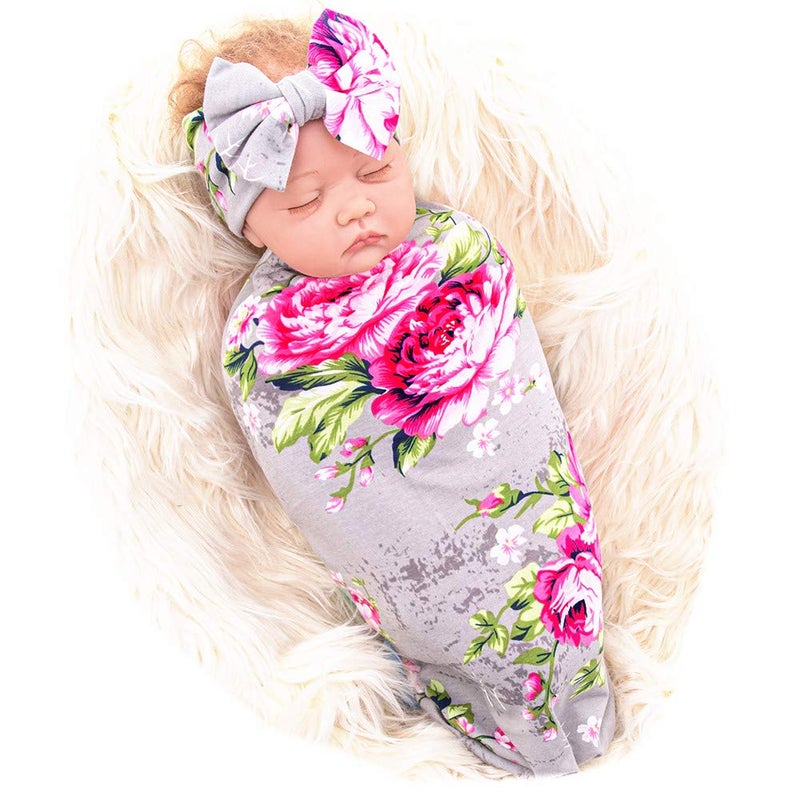 Galabloomer Newborn Receiving Blanket Headband Set Baby Flower Rose Swaddle with Big Bow (Gray) - Image 5