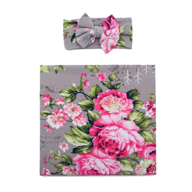 Galabloomer Newborn Receiving Blanket Headband Set Baby Flower Rose Swaddle with Big Bow (Gray) - Image 2