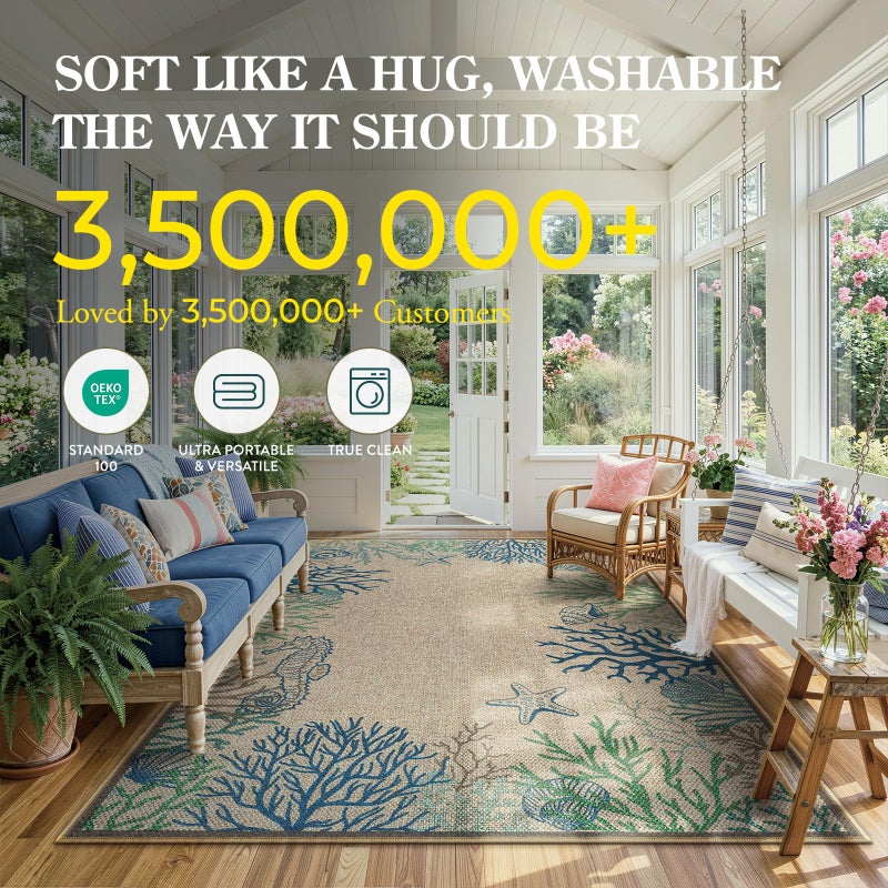 LIVEBOX Modern 3x5 Jute Outdoor Patio Rug, Washable Rugs for Entryway Porch, Coastal Animal Boho Farmhouse Carpet, Non Slip Front Door Mat for Outdoor Indoor Entryway Guestroom Decor (Blue 3'x5') - Image 2