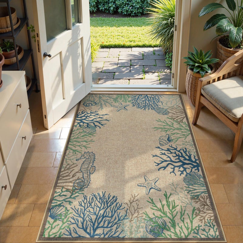 LIVEBOX Modern 3x5 Jute Outdoor Patio Rug, Washable Rugs for Entryway Porch, Coastal Animal Boho Farmhouse Carpet, Non Slip Front Door Mat for Outdoor Indoor Entryway Guestroom Decor (Blue 3'x5') - Image 5