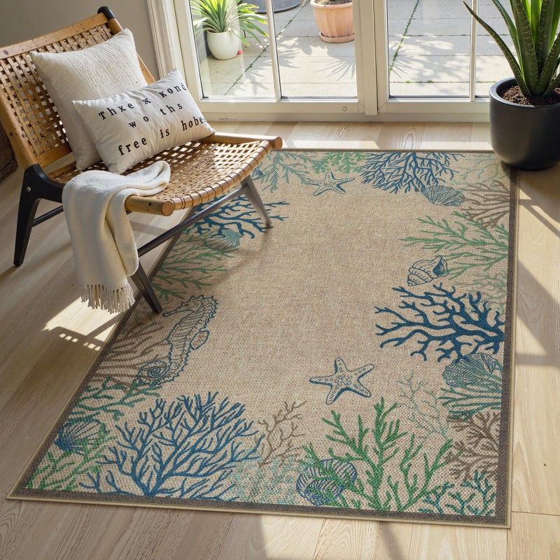 LIVEBOX Modern 3x5 Jute Outdoor Patio Rug, Washable Rugs for Entryway Porch, Coastal Animal Boho Farmhouse Carpet, Non Slip Front Door Mat for Outdoor Indoor Entryway Guestroom Decor (Blue 3'x5') - Image 1