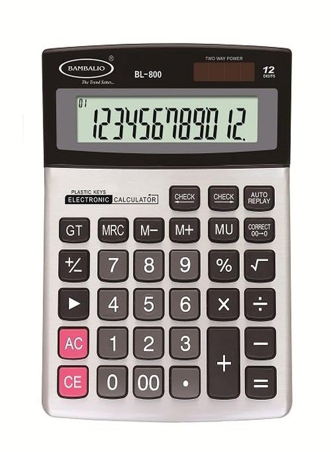 Bambalio 12 Digits BL-800 Big Display & Metallic Panel 3 Years Warranty Electronic Calculator, Silver, Medium Size - Image 1