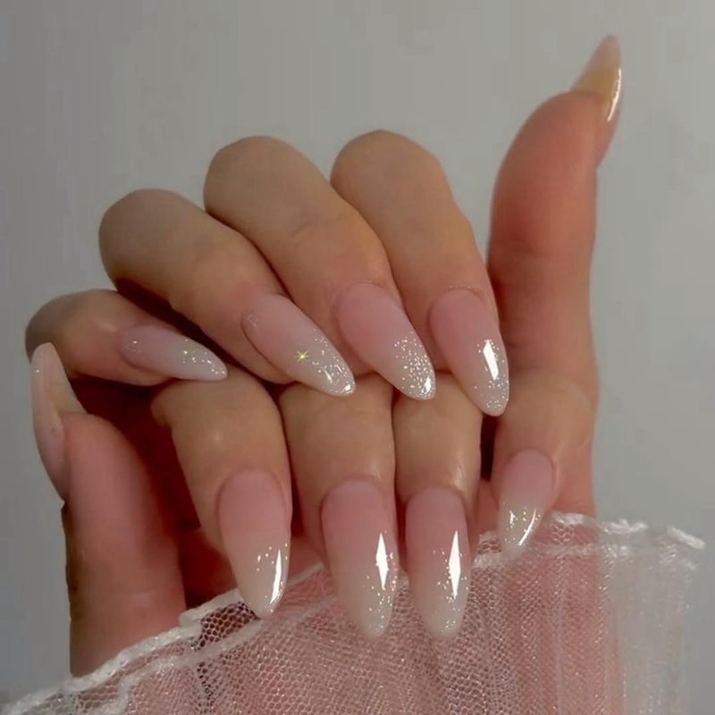 XCREANDO Glitter Ombre Pink Press on Nails Almond Shaped Nails Press ons, Medium Fake Nails Almond French Acrylic Nails Glue on Nail with Cute Design Thick Natural Stiletto False Nail for Women Wedding 24 Pcs - Image 2