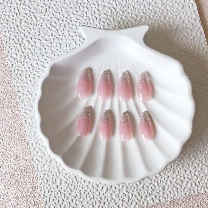 XCREANDO Glitter Ombre Pink Press on Nails Almond Shaped Nails Press ons, Medium Fake Nails Almond French Acrylic Nails Glue on Nail with Cute Design Thick Natural Stiletto False Nail for Women Wedding 24 Pcs - Image 5