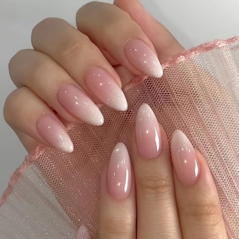XCREANDO Glitter Ombre Pink Press on Nails Almond Shaped Nails Press ons, Medium Fake Nails Almond French Acrylic Nails Glue on Nail with Cute Design Thick Natural Stiletto False Nail for Women Wedding 24 Pcs - Image 3