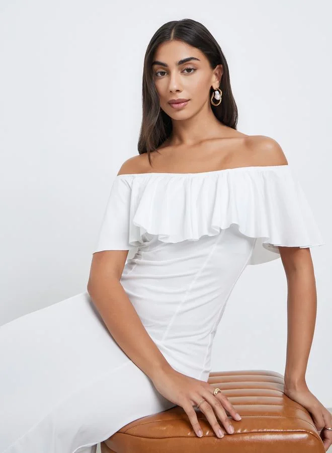 Styli White Off Shoulder Ruffle Maxi Dress