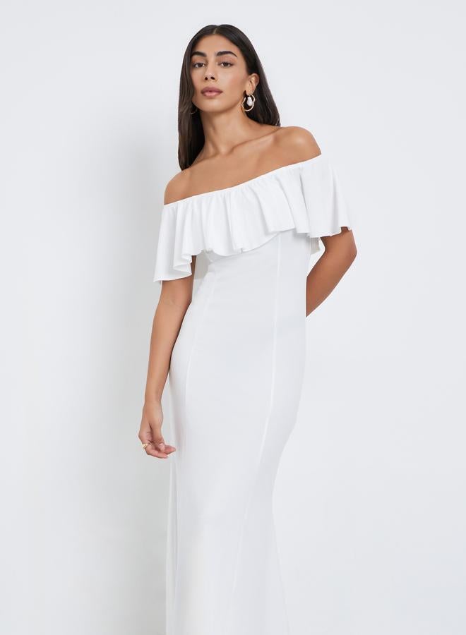 ستايلي فستان طويل بأكتاف مكشوفة وكشكش - Image 3