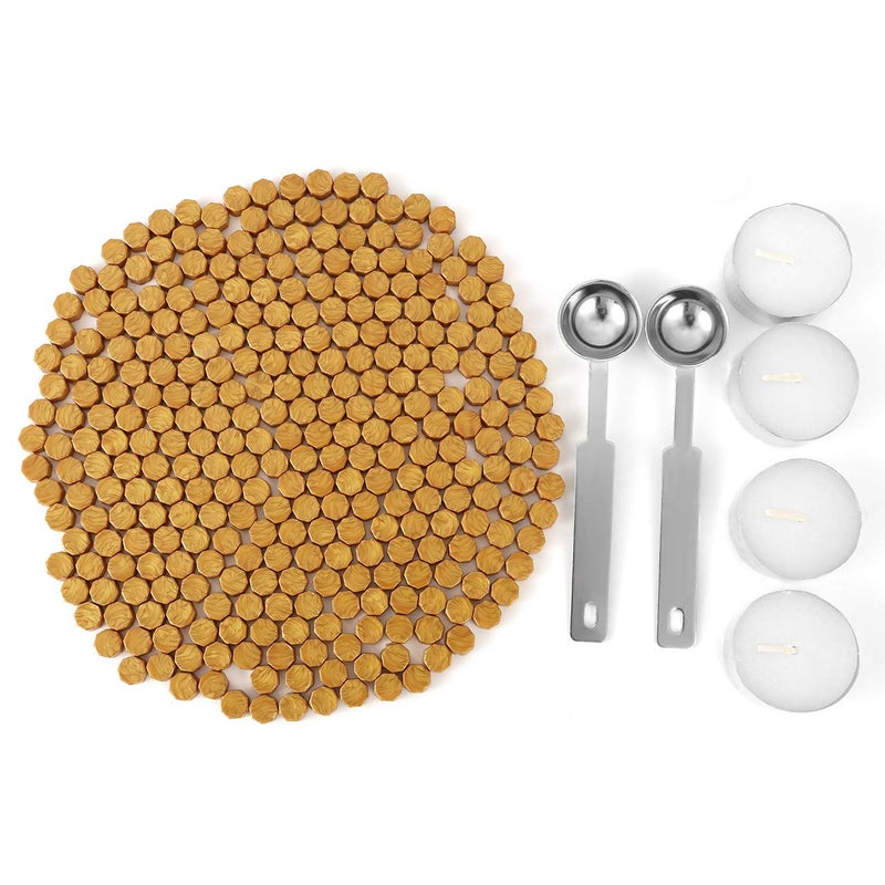 Yoption 300 Piece Octagon Seal Wax Beads with 4 Candles and 2 Melting Spoons for Wax Seal Stamp Gold