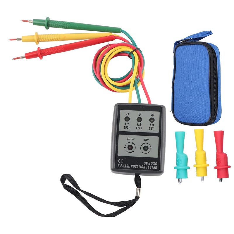 SP8030 متر دوران محمول ثلاثي الطور 60-600 فولت نطاق الجهد مادة ABS مع ملاقط الاختبار - Image 1