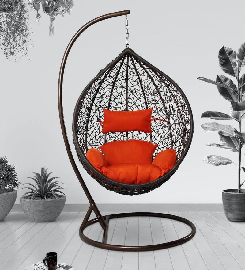 SPYDER CRAFT Single Seater Hammock Swing Chair with Stand and Cushion for Patio Balcony Garden Terrace Living Room Relaxing Chair Jhula Color BlackOrange