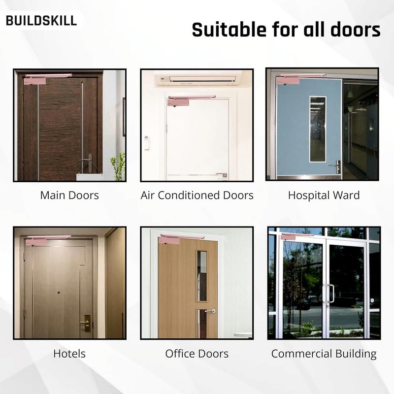 BUILDSKILL قفل باب هيدروليكي مع ذراع بيلميت، قفل باب للأبواب الخشبية، الألمنيوم، الأبواب المعدنية، قفل باب أوتوماتيكي للمنزل، مثبت باب بسرعة قابلة للتعديل، 85 كجم، وردي ذهبي (عبوة من 1) - Image 4