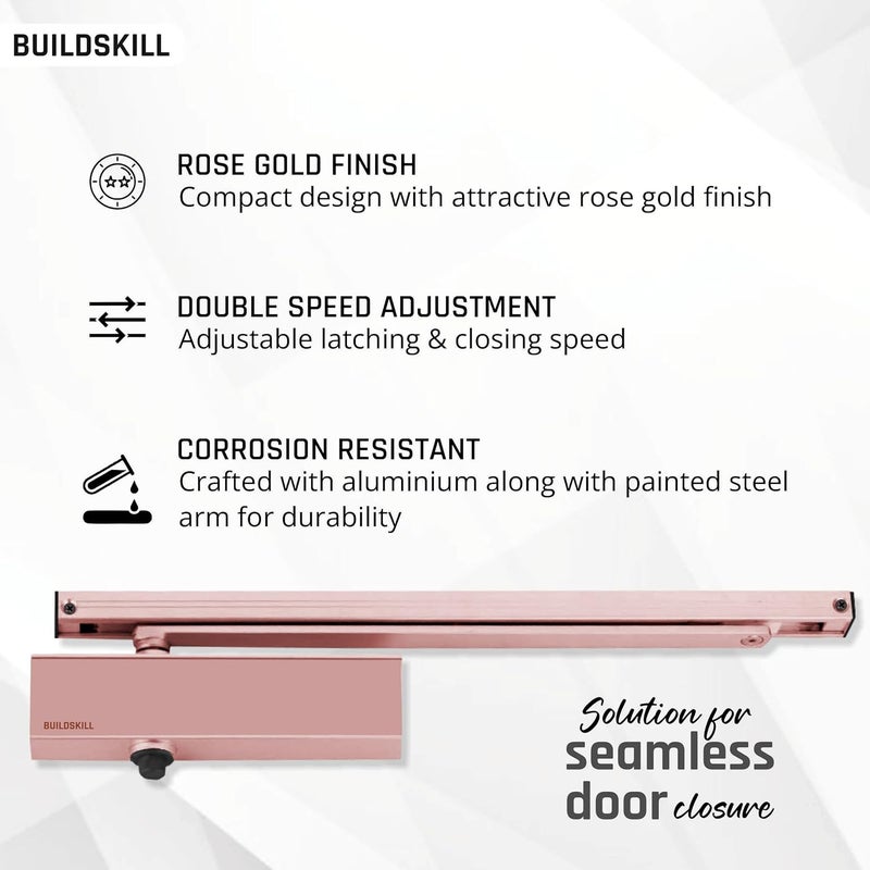 BUILDSKILL قفل باب هيدروليكي مع ذراع بيلميت، قفل باب للأبواب الخشبية، الألمنيوم، الأبواب المعدنية، قفل باب أوتوماتيكي للمنزل، مثبت باب بسرعة قابلة للتعديل، 85 كجم، وردي ذهبي (عبوة من 1) - Image 5