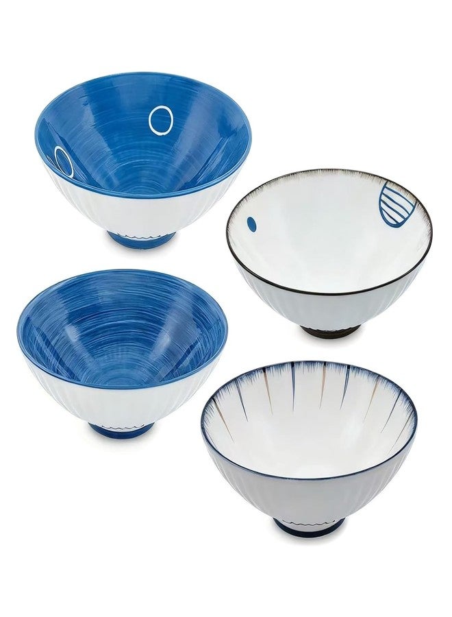 KeQiu Ceramic 8 Inch Ramen Bowls Set of 4 with Spoon, 38 Oz Soup Bowls for Udon, Soba, Noodles and Soup, Ideal for Japanese Cuisine Home Kitchen Dining, Blue and White - Image 1
