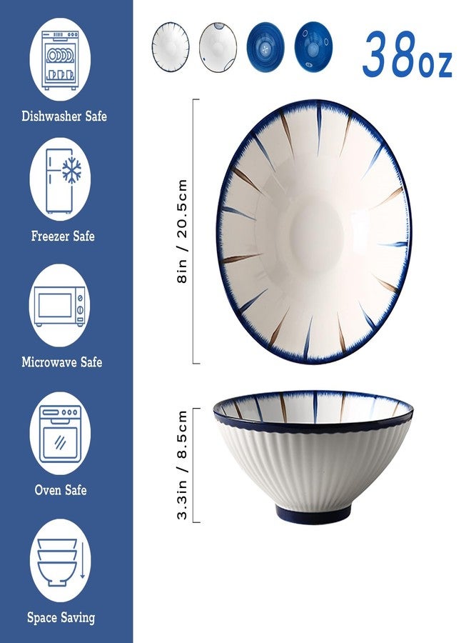 KeQiu Ceramic 8 Inch Ramen Bowls Set of 4 with Spoon, 38 Oz Soup Bowls for Udon, Soba, Noodles and Soup, Ideal for Japanese Cuisine Home Kitchen Dining, Blue and White - Image 2