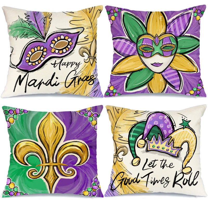 GEEORY Mardi Gras Pillow Covers 18 x 18 Set of 4 for Beads Masquerade Mask Fleur De Lis Feather  Happy Mardi Gras Decor Throw Pillows Decorative Cushion Cases