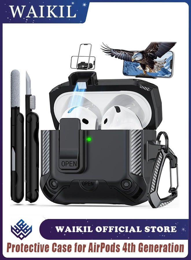 WAIKIL Protective Case for AirPods 4th Generation 2025 with Phone Holder and Cleaning Kit Military Grade Drop Protection – Black  - Image 1
