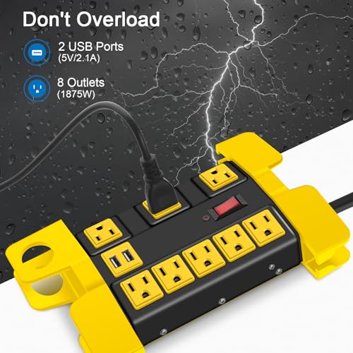 CCCEI Heavy Duty Power Strip with USB, Workshop 8 Outlet Surge Protector 2700 Joules, Industrial Metal 15Amp Power Strip, 6 FT Extension Cord and Wide Spaced Black. - Image 2