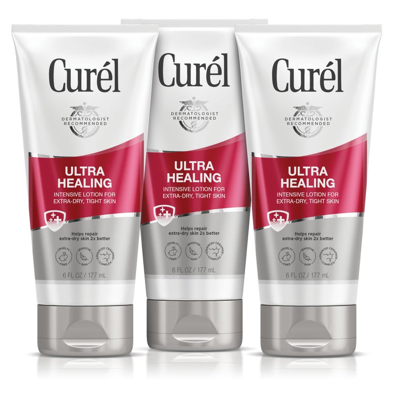 Curel لوشن كيريل ألترا هيلينغ المكثف خالي من العطور للبشرة الجافة جداً، مثالي للبشرة الحساسة، خالي من القسوة، خالي من البارابين، موصى به من قبل أطباء الجلد، 6 أونصة، عبوة من 3 - Image 1