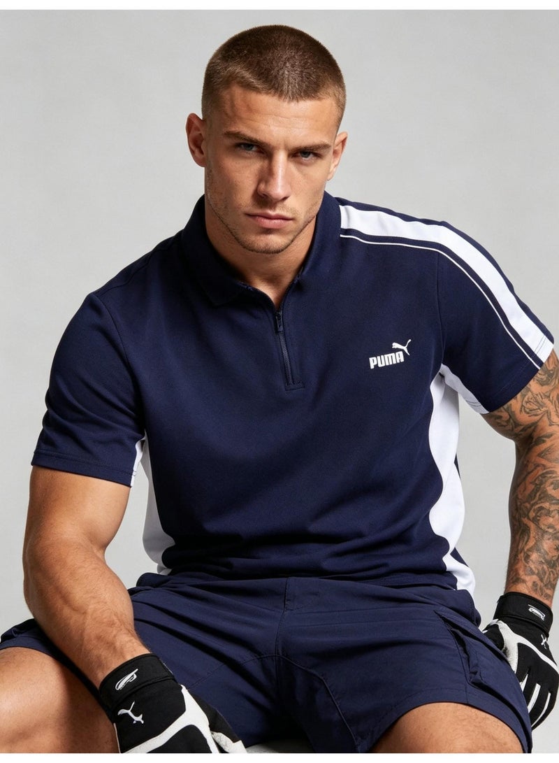 PUMA unisex semi-zipper striped Polo shirt, logo printed retro sports short-sleeved casual T-shirt, quick-drying fabric, breathable faster. - Image 1