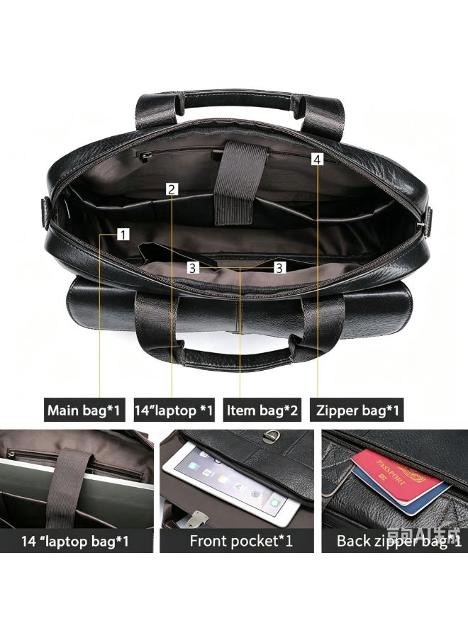 Yoze Dark Coffee Brown Genuine Cowhide Leather Business Briefcase Laptop Bag for Men 14 Inch, Vintage European Retro Style, Large Capacity 3-in-1 Hand Shoulder Crossbody Bag, - Image 5