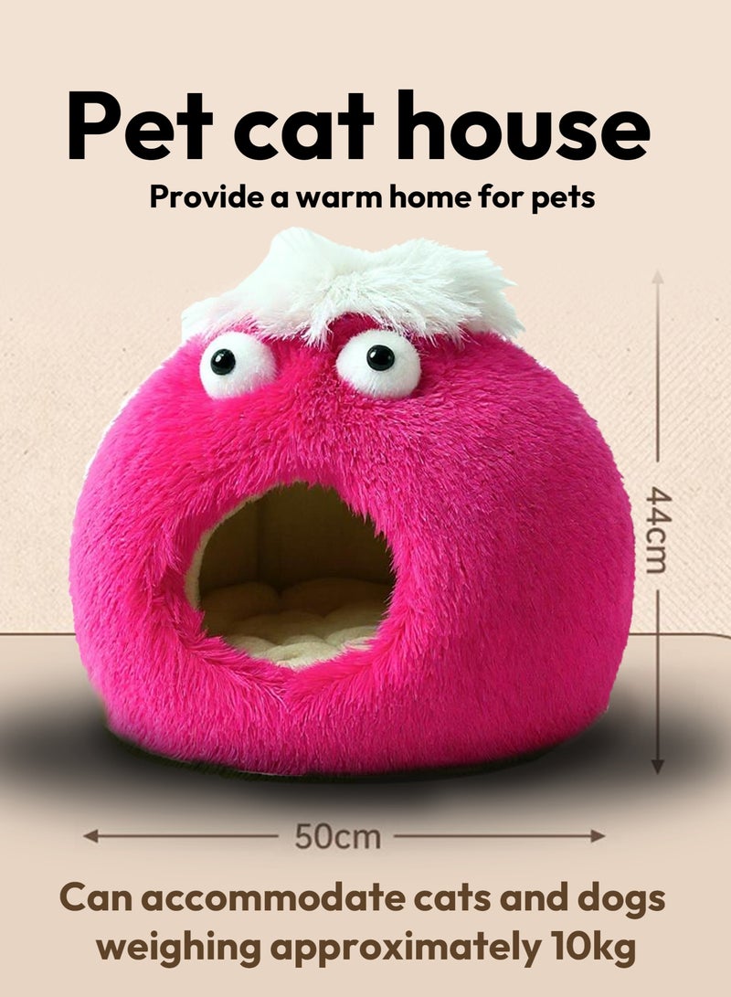 Pet Cat House Closed Cat Litter Comprehensive Thermal Belt Plush Bottom Non-Slip Not Easy To Collapse Rose Red - Image 2