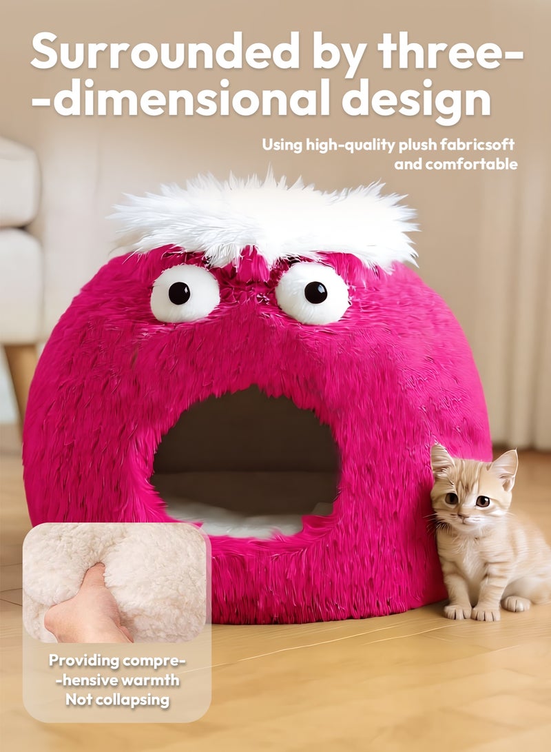 Pet Cat House Closed Cat Litter Comprehensive Thermal Belt Plush Bottom Non-Slip Not Easy To Collapse Rose Red - Image 3