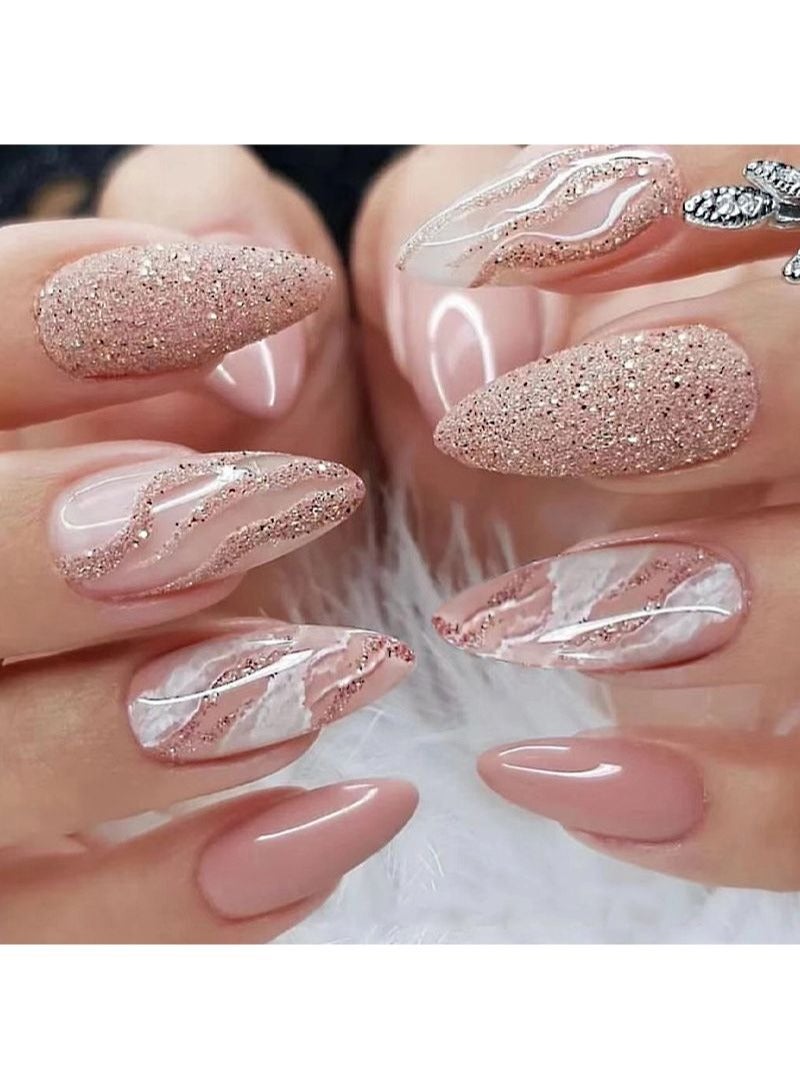 SCHAVO Pink Glitter Fake Nails 24Pcs Almond False Nails - Image 1