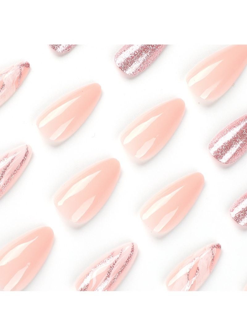 SCHAVO Pink Glitter Fake Nails 24Pcs Almond False Nails - Image 2
