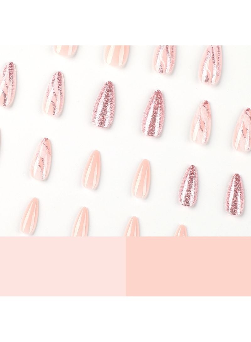 SCHAVO Pink Glitter Fake Nails 24Pcs Almond False Nails - Image 3