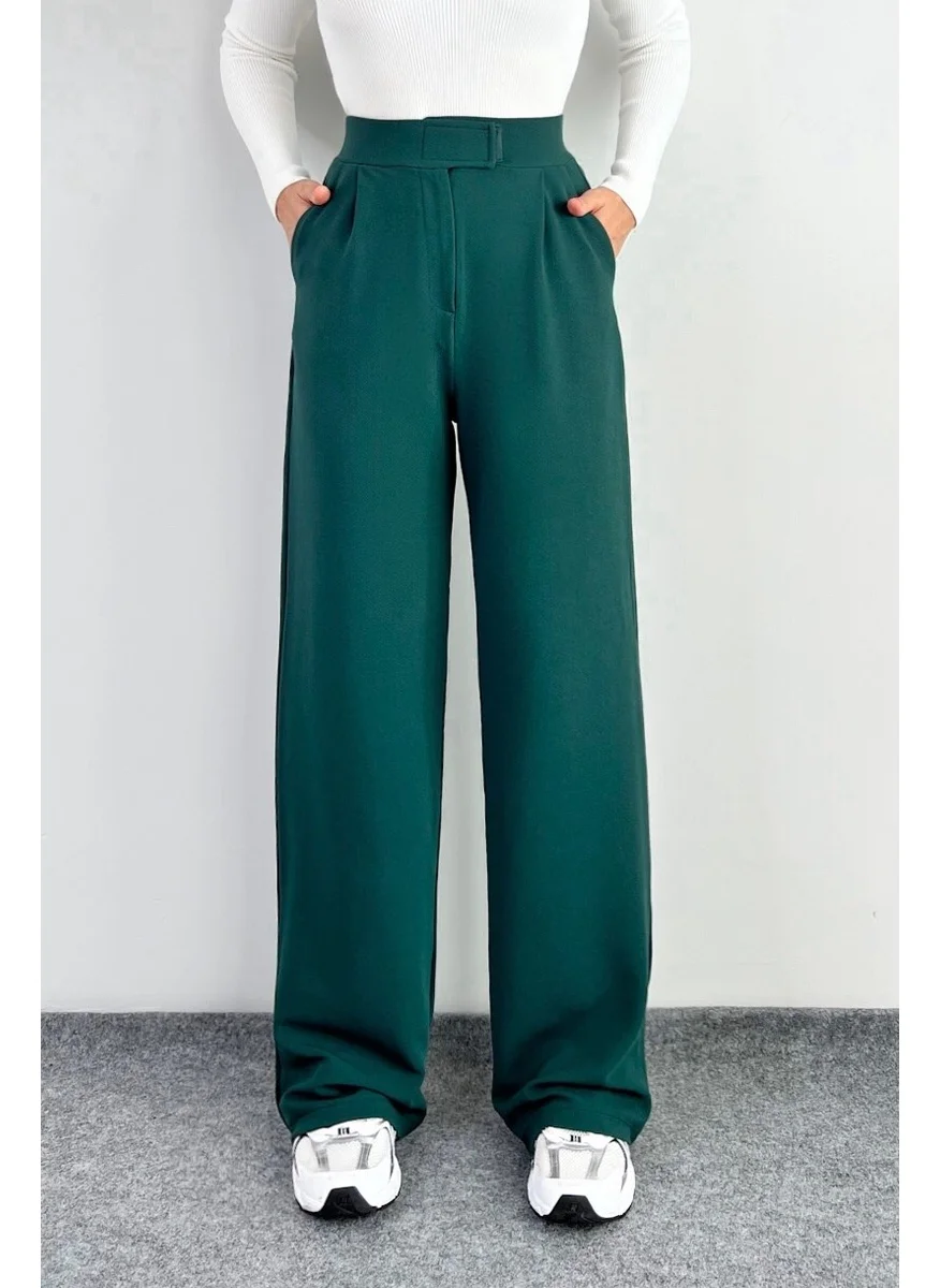 Ritnice Line Women's Lycra Velcro Closure Emerald Green Palazzo Trousers