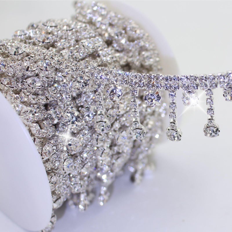 PEARLY JUN 1 Yards Rhinestone Trim Crystal Rhinestone Chain Sliver Fringe Sewing Dress DIY Party Wedding Bouquet for Decoration Bridal Costume Embellishment Clothing Accessories - Image 1