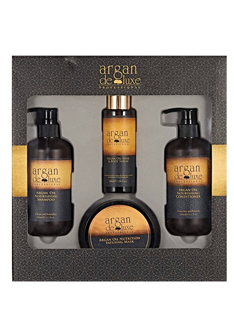 argan de luxe Nourishing 4 in 1 Set Shampoo 300ml, Conditioner 300ml, Serum 100ml, Mask 250ml
