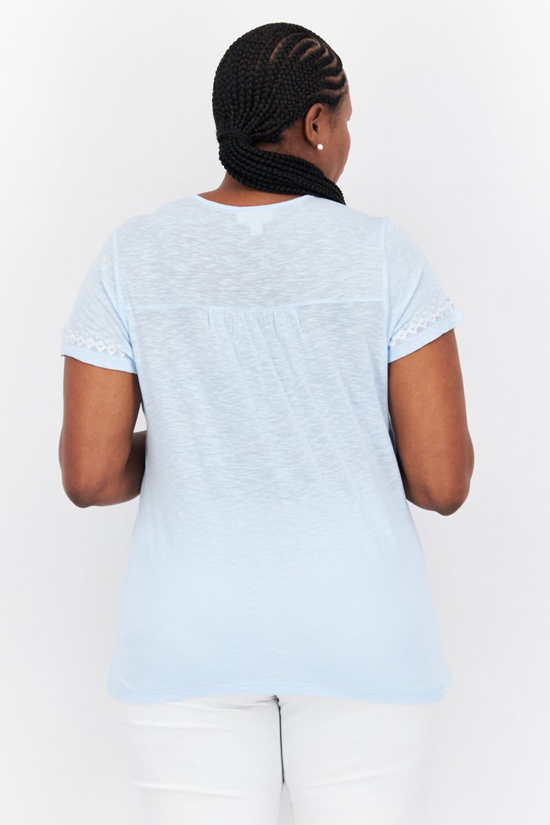 Style&Co Women Plus Size Tie Neck Short Sleeves Embroidered Blouse, Light Blue - Image 3