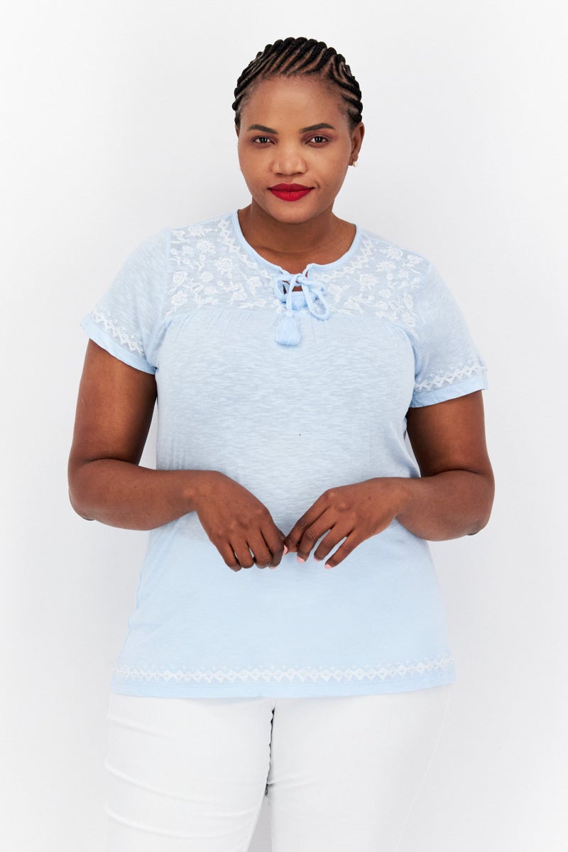 Style&Co Women Plus Size Tie Neck Short Sleeves Embroidered Blouse, Light Blue - Image 1