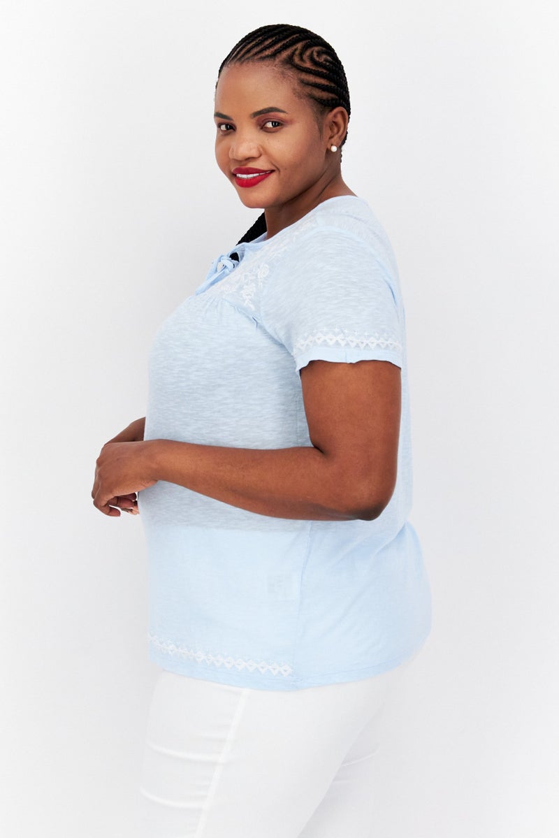 Style&Co Women Plus Size Tie Neck Short Sleeves Embroidered Blouse, Light Blue - Image 2