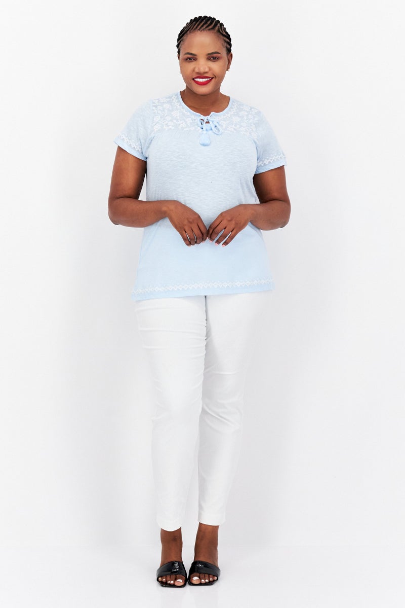 Style&Co Women Plus Size Tie Neck Short Sleeves Embroidered Blouse, Light Blue - Image 4