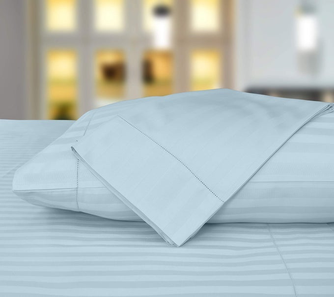 STANDARD SIZE BLUE LUXURY PILLOWCASES 500 THREAD COUNT DAMASK WEAVE 2 PIECE LONG STAPLE COTTON PILLOW PROTECTOR SET BREATHABLE STRIPED PILLOW COVERS