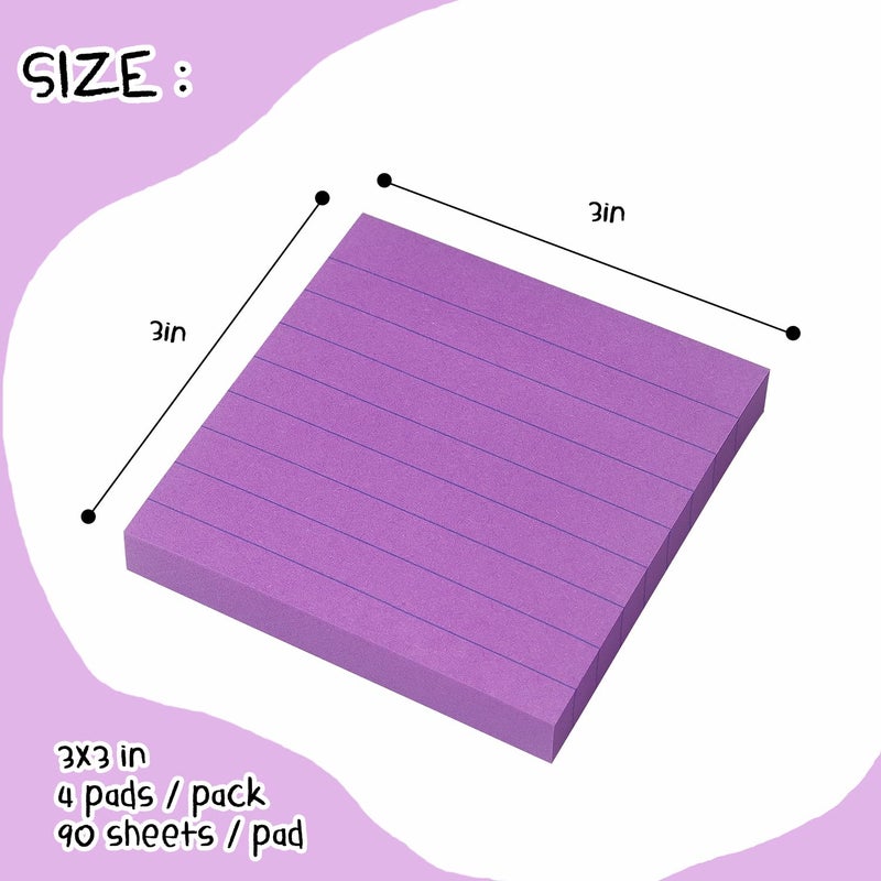 Eastern Wolf Lined Sticky Notes 3x3 Sticky Notes with Lines Self-Stick Notes Bright Color 4 Pads 90 Sheets/Pad (Purple) - Image 2