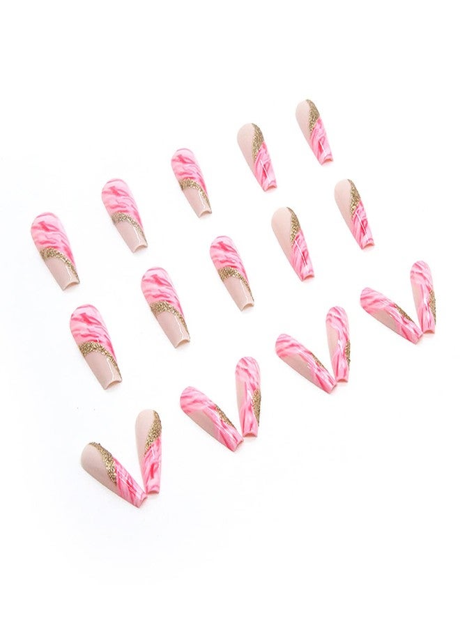 Vezocim Press on Nails Long Square Length, Full Cover Reusable Ballerina Fake Nails Kits, Glue On Nails with Pink Line Designs, Artificial Fingernails Acrylic Fake Nails for Women, Stick on Nails Coffin Shape - Image 4