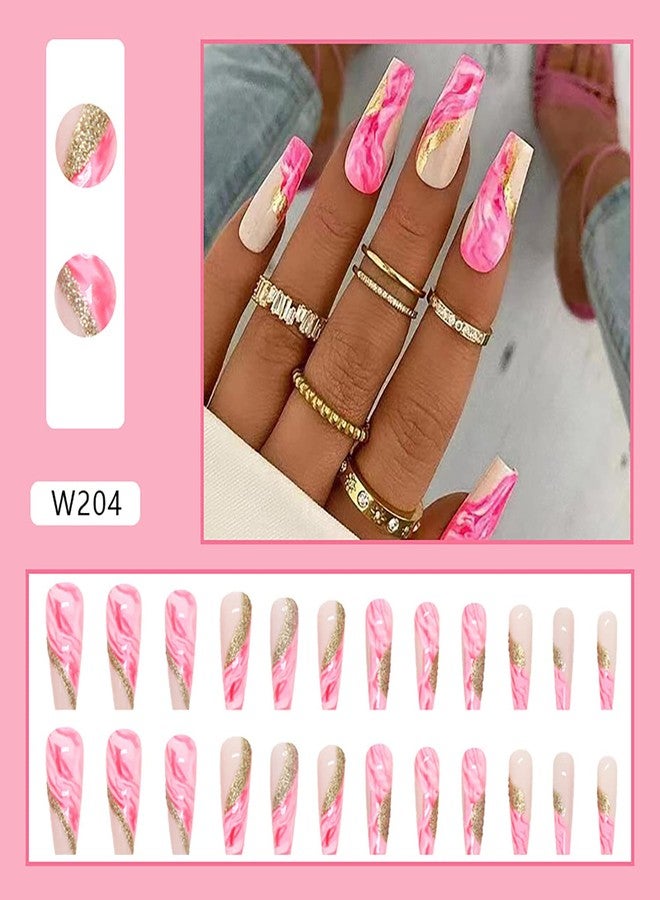 Vezocim Press on Nails Long Square Length, Full Cover Reusable Ballerina Fake Nails Kits, Glue On Nails with Pink Line Designs, Artificial Fingernails Acrylic Fake Nails for Women, Stick on Nails Coffin Shape - Image 2