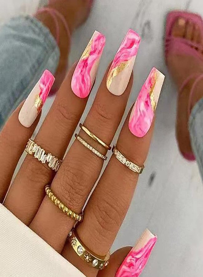 Vezocim Press on Nails Long Square Length, Full Cover Reusable Ballerina Fake Nails Kits, Glue On Nails with Pink Line Designs, Artificial Fingernails Acrylic Fake Nails for Women, Stick on Nails Coffin Shape - Image 1