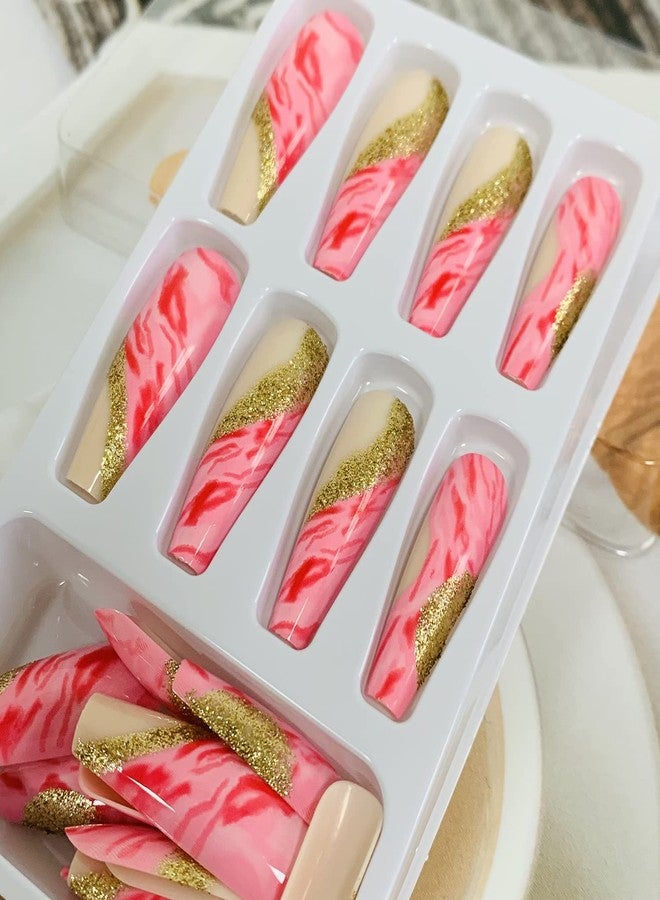 Vezocim Press on Nails Long Square Length, Full Cover Reusable Ballerina Fake Nails Kits, Glue On Nails with Pink Line Designs, Artificial Fingernails Acrylic Fake Nails for Women, Stick on Nails Coffin Shape - Image 5